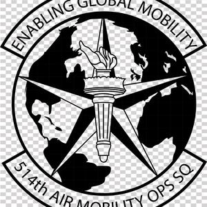 May include: Black and white emblem featuring the text "ENABLING GLOBAL MOBILITY" and "514th AIR MOBILITY OPS SQ". The design incorporates a globe, a star, and a torch.
