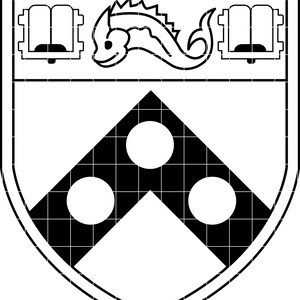 May include: A black and white heraldic crest featuring a stylized fish, two rectangular shapes, and a black and white checkered triangle with three white circles. The crest has a shield shape.