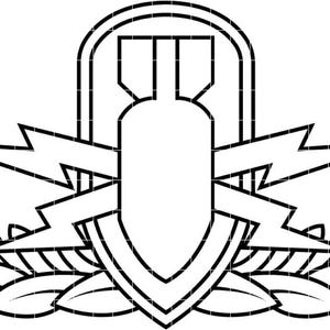 May include: Black and white illustration of a military badge. The design features a central shield shape with a stylized bomb, flanked by lightning bolts and surrounded by laurel leaves. The badge is a symbol of achievement.