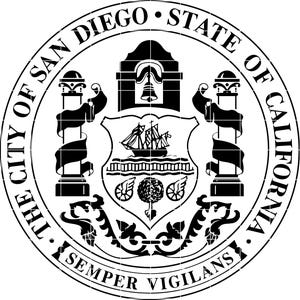 May include: Black and white circular emblem of The City of San Diego, State of California. The design includes a ship, bell, and the words "The City of San Diego" and "Semper Vigilans". The emblem is a symbol of the city's identity and heritage.