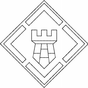 May include: A black and white graphic of a castle tower inside a diamond shape, with angular lines and geometric details. The design features a central tower with a crenellated top, set within a diamond and angular frame.