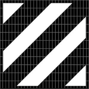 May include: A black and white geometric design featuring two large white diagonal stripes and two white triangles. The background is a grid pattern. This abstract design is suitable for various applications.