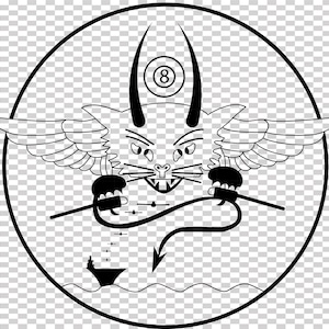 Könnte beinhalten: Schwarz-weiße Grafik einer Teufelskatze mit Flügeln, Hörnern und einem Schwanz, die eine Linie mit einem Schiff und Flugzeugen hält. Das Design befindet sich in einem schwarzen Kreis mit einem Acht-Ball-Symbol.