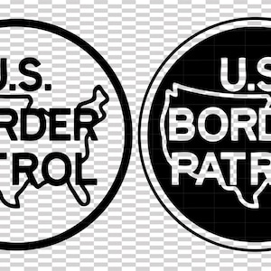 Pode incluir: Dois emblemas circulares com o texto "U.S. BORDER PATROL" e um contorno do mapa dos Estados Unidos. Um é preto e branco, o outro é branco sobre preto.