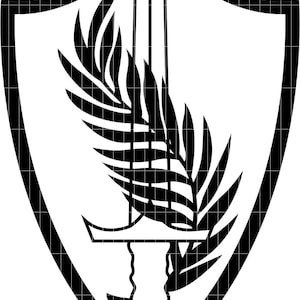 May include: Black and white emblem featuring a shield shape with a black border. Inside the shield is a sword, a palm branch, and a black border. The design is a graphic illustration.