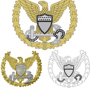 May include: A gold and silver military emblem featuring an eagle with outstretched wings, a shield with stars, and an anchor and axe design. The text "RASTER TO VECTOR" is displayed in blue.