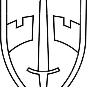 May include: A black and white line drawing of a shield featuring a sword and castle design. The shield has a pointed base and a curved top. The sword is centrally positioned, and the castle is at the top.