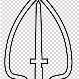 Puede incluir: Gráfico en blanco y negro de una insignia de las Fuerzas Especiales. El diseño presenta una forma de punta de flecha estilizada con una espada en el centro. La palabra "AIRBORNE" está arqueada sobre la punta de flecha.