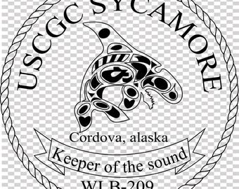 Plik wektorowy z naszywką statku straży przybrzeżnej USCGC Sycamore WLB 209, cięcie laserowe CNC, grawerowanie drewna i metalu, plik Cricut, plik routera CNC