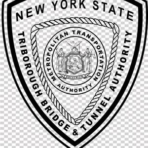 May include: Black and white shield-shaped graphic with the text "NEW YORK STATE" at the top. Inside, a circular emblem reads "METROPOLITAN TRANSPORTATION AUTHORITY" and "TRIBOROUGH BRIDGE & TUNNEL AUTHORITY". The graphic includes a rope border.