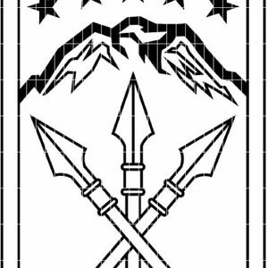 May include: A black and white emblem depicting five stars above a mountain range and three crossed spears. The design is enclosed within a shield shape, suitable for military or organisational use.