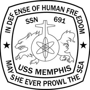 May include: Black and white emblem with text: "IN DEFENSE OF HUMAN FREEDOM", "SSN 691", "USS MEMPHIS", and "SHE EVER PROWL THE SEA". The emblem features a nuclear symbol, a cross, and two stylized animals.