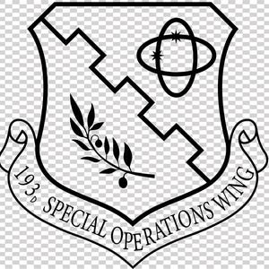 May include: Black and white emblem of the 193rd Special Operations Wing. The shield-shaped design features a zigzag pattern, an olive branch, and a stylized double oval with stars. A banner at the bottom reads "193rd Special Operations Wing."