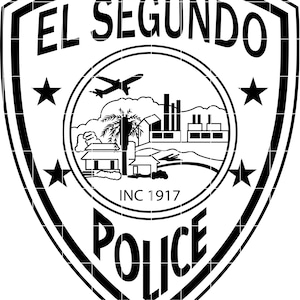 May include: Black and white El Segundo Police badge. The shield-shaped emblem features the words "EL SEGUNDO" at the top and "POLICE" at the bottom. Inside a circular design are a plane, buildings, and the text "INC 1917". Four stars are placed around the circle.