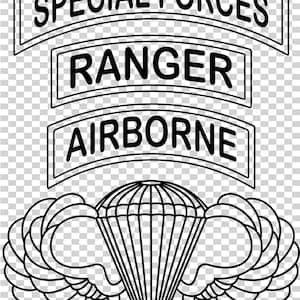 May include: Black and white graphic of military insignia. The image features three rectangular banners with the words "SPECIAL FORCES", "RANGER", and "AIRBORNE". Below the banners is a parachute with wings.