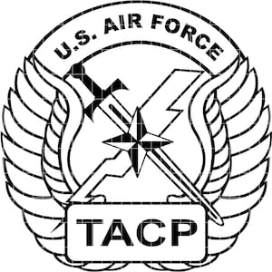 May include: Black and white U.S. Air Force emblem featuring a circular design with the text "U.S. AIR FORCE" at the top. The emblem includes wings, a star, a sword, and the letters "TACP" at the bottom.