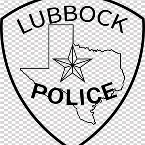 May include: Black and white Lubbock Police badge. The shield-shaped emblem features the word "LUBBOCK" at the top, "POLICE" at the bottom, and a star over the outline of Texas. The background is transparent.