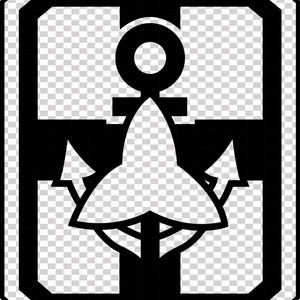 May include: Black and white nautical emblem featuring an anchor design within a rectangular frame. The anchor has a stylized, symmetrical shape with a central point and two outward-facing arrow-like elements. The design is simple and bold.