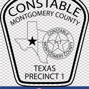 May include: Black and white graphic of a law enforcement badge. The badge reads "CONSTABLE MONTGOMERY COUNTY" and "TEXAS PRECINCT 1". A star is placed over the Texas map outline. The bottom banner reads "THE ONE STOP FILE SHOP" and "SVG, EPS, DXF, PNG, JPG FILE".