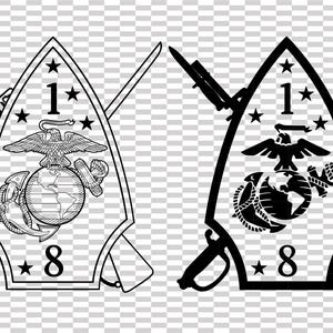 Puede incluir: Dos versiones de un emblema militar, una delineada y otra en negro sólido. Cada una presenta un águila sobre un globo y un ancla, con espadas cruzadas y los números "1" y "8" y estrellas. Los emblemas están sobre un fondo transparente.