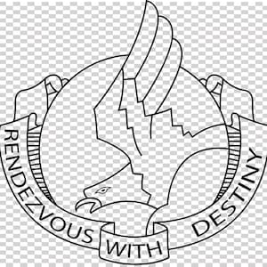 Puede incluir: Emblema en blanco y negro con un águila con las alas extendidas dentro de un círculo. Las palabras "RENDEZVOUS WITH DESTINY" están inscritas en una pancarta que rodea el águila.