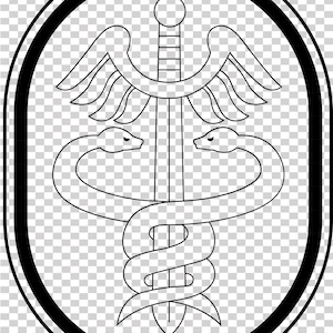 May include: A black and white medical emblem. It features a staff with two snakes and wings, topped with a sword, within a black oval border. Ideal for medical or healthcare-related products.