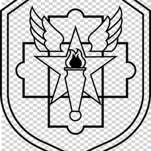 May include: A black and white emblem in a shield shape, featuring a star, wings, and a torch with a flame. The design has a symmetrical layout with a detailed outline, suitable for logos or insignia.