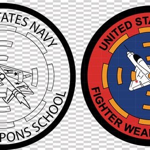 Puede incluir: Dos parches circulares con el texto "United States Navy Fighter Weapons School". Uno es en blanco y negro, el otro es rojo, azul y dorado. Ambos muestran un gráfico de avión a reacción.