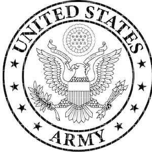 May include: Black and white United States Army emblem. The circular design features an eagle with outstretched wings, a banner reading "E Pluribus Unum," and the words "United States Army" and "Army" encircling the central image. Stars are placed around the outer edge.