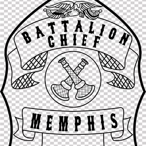 May include: Black and white badge with the words "BATTALION CHIEF" and "MEMPHIS". The badge features crossed axes in a circle and an eagle design at the top. The badge has a shield shape.