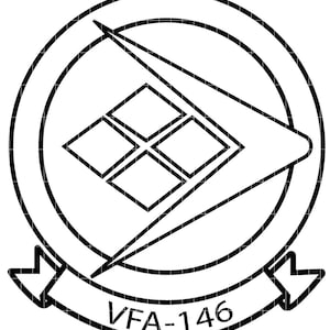 May include: A black and white emblem with a circular design, an arrow, and four diamond shapes. The text "VFA-146" is displayed on a banner. The design is graphic and clean, suitable for various applications.