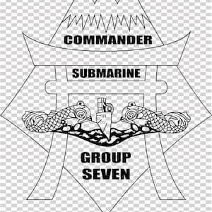 May include: Black and white graphic of a submarine emblem. The design includes the words "COMMANDER", "SUBMARINE", and "GROUP SEVEN". The emblem features a stylized mountain range, a submarine, and two fish.