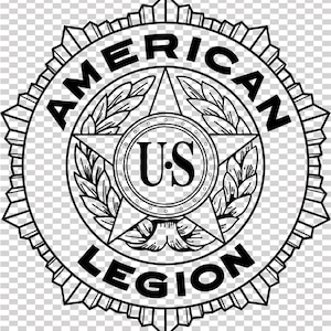 May include: Black and white emblem with the text "AMERICAN LEGION" encircling a central star design. The star contains the letters "US" and is surrounded by laurel branches. The emblem has a decorative, jagged outer edge.
