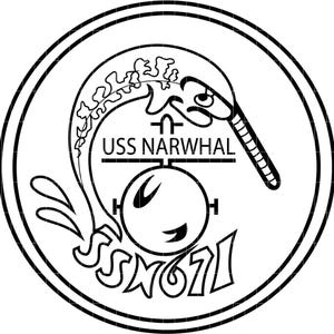 May include: Black and white circular emblem featuring a narwhal with a tusk, a stylized wave, and the text "USS NARWHAL" above a circular design. The emblem also includes the text "SSN 671" at the bottom, all within a double-lined border.