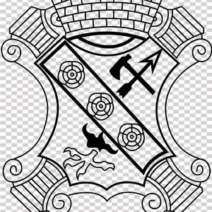 Puede incluir: Diseño de escudo heráldico en blanco y negro. El escudo presenta un escudo con una franja diagonal, tres diseños florales circulares y símbolos que incluyen un hacha y una flecha. El escudo está coronado por una estructura similar a un castillo.