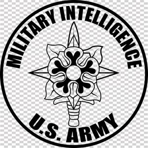 May include: Black and white circular emblem for U.S. Army Military Intelligence. The design features a central floral element with a star, a sword, and the text "MILITARY INTELLIGENCE" and "U.S. ARMY" in a circular border.