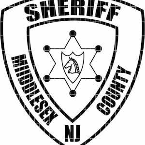 May include: A black and white Middlesex County Sheriff badge. The shield-shaped emblem features the word "SHERIFF" at the top, "MIDDLESEX COUNTY" on the sides, and "NJ" at the bottom. A star with a horse head in the center is in the middle.