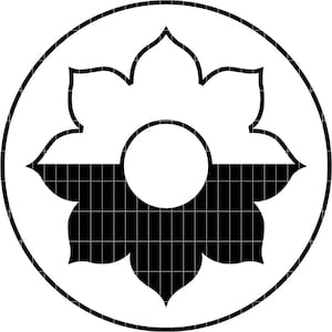 May include: A black and white floral design within a circle. The design features a stylized flower with a central circle and a half-and-half color scheme, with the top half white and the bottom half black.