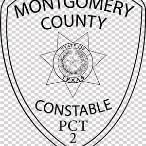 May include: Black and white line art of a shield-shaped badge. The badge reads "MONTGOMERY COUNTY" at the top, with "CONSTABLE PCT 2" at the bottom. A star and wreath design is in the center, with "STATE OF TEXAS" inside.