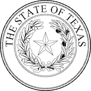 May include: Black and white circular emblem of the State of Texas. The design features a central five-pointed star, surrounded by a wreath of leaves and berries. The words "THE STATE OF TEXAS" are inscribed around the outer edge.
