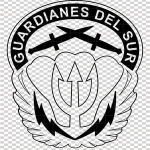 May include: A black and white emblem with the words "GUARDIANES DEL SUR" in a circular border. The emblem features crossed swords, a trident, and stylized wings.