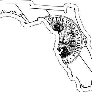 Könnte beinhalten: Ein schwarz-weißer Aufkleber in Form des Bundesstaates Florida. Das Staatssiegel befindet sich in der Mitte und zeigt eine Palme, ein Dampfschiff und die Worte "OF THE STATE OF FLORIDA".