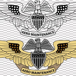 May include: Two stylized aviation badges. The top badge is black and white, while the bottom badge is gold, gray, and black. Both feature an eagle atop a shield and wings, with the text "AERO MAINTENANCE" below.