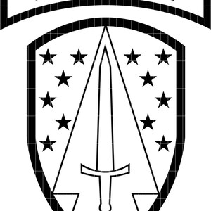 May include: Black and white graphic of a shield-shaped emblem. The word "ADVISOR" is at the top. Inside the shield is a sword, stars, and geometric shapes. The design is a military or organizational insignia.