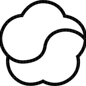 May include: A black and white graphic design of a five-petal flower shape. The thick black outline has a grid pattern, enclosing a white interior. The design is modern and minimalist in style, with a simple, clean aesthetic.