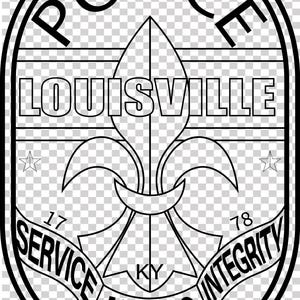 May include: Black and white Louisville Metro Police Department badge. The badge features the word "POLICE" at the top, "LOUISVILLE" in the center, and "SERVICE INTEGRITY METRO" at the bottom. A fleur-de-lis is in the center.