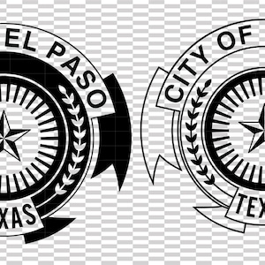 May include: Two circular emblems of the City of El Paso, Texas. The left emblem is a solid black silhouette, while the right emblem is a black-and-white line art version. Both feature a central star, radiating lines, laurel branches, and text.