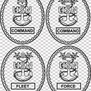 May include: Black and white USN military insignia designs. Each oval design features an anchor, stars, and the text "USN" and either "COMMAND", "FLEET", or "FORCE". The designs are outlined with a chain.