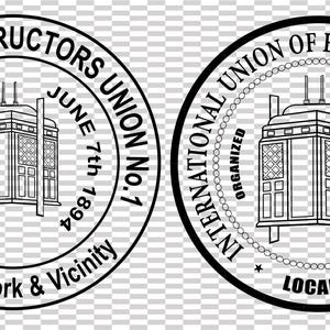 Może przedstawiać: Dwa czarno-białe okrągłe logo. Lewe logo głosi "Elevator Constructors Union No. 1" z "Organized June 7th 1894 of New York & Vicinity". Prawe logo głosi "International Union of Elevator Constructors" z "Organized August 30, 1902 Local".