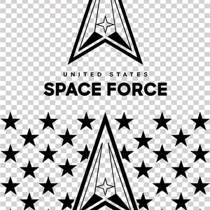May include: Black and white graphic of the United States Space Force logo. The logo features a stylized arrow shape with a star in the center, and the words "UNITED STATES SPACE FORCE" below. The background is transparent.